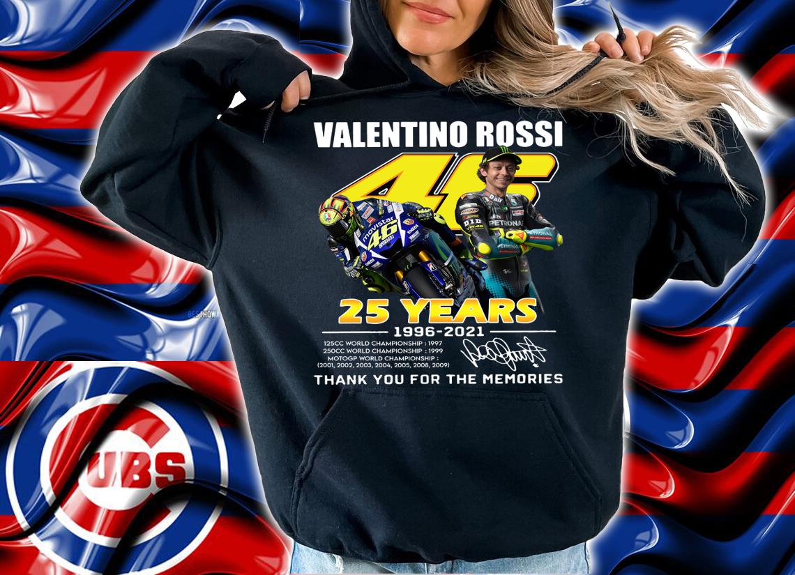 V46 Valentino Rossi 25 Years 1996-2021 World Championship Signature Thank Memories t-shirt hoodie