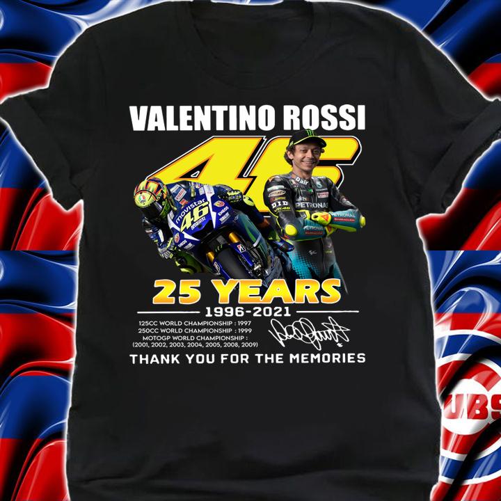 V46 Valentino Rossi 25 Years 1996-2021 World Championship Signature Thank Memories t-shirt shirt