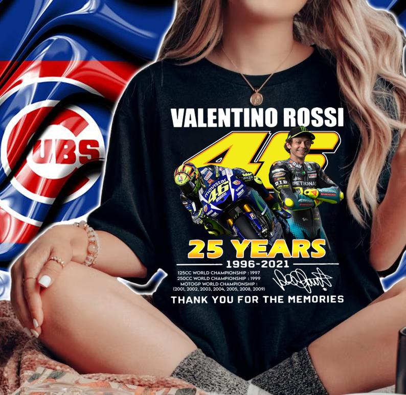 V46 Valentino Rossi 25 Years 1996-2021 World Championship Signature Thank Memories t-shirt woman shirt