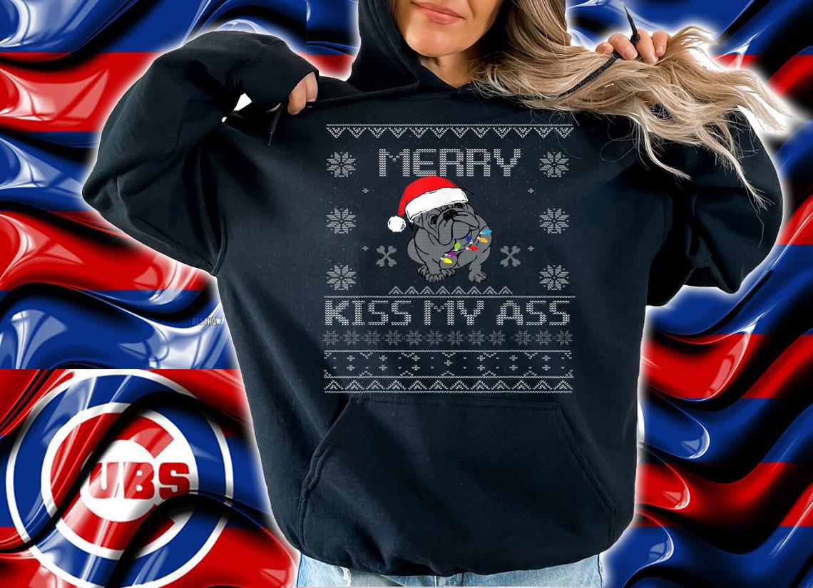Christmas Bulldog Art Merry Kiss My Ass Funny Santa Hat Ugly t-shirt hoodie