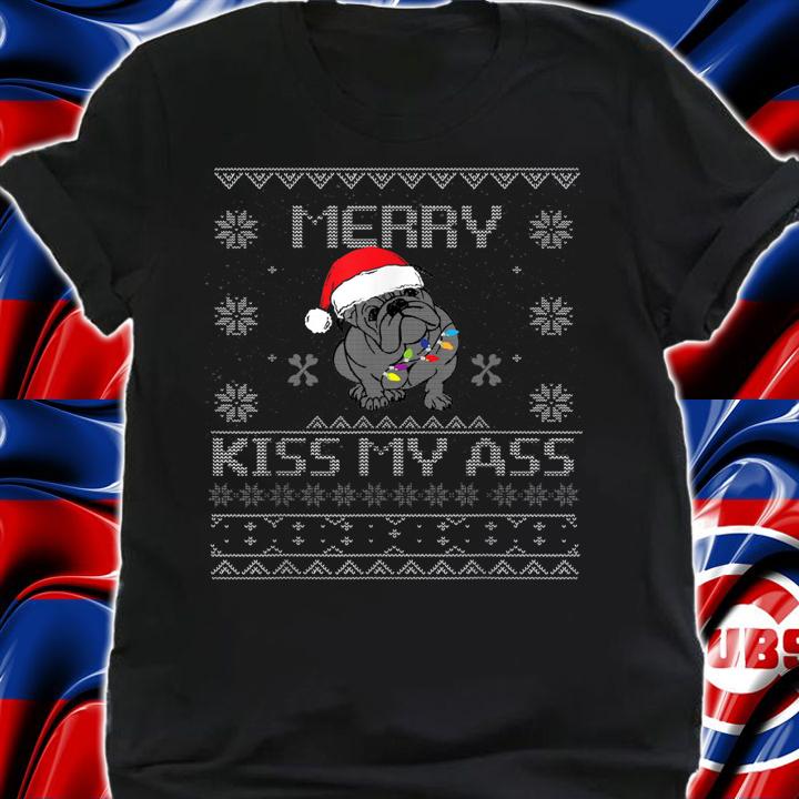 Christmas Bulldog Art Merry Kiss My Ass Funny Santa Hat Ugly t-shirt shirt