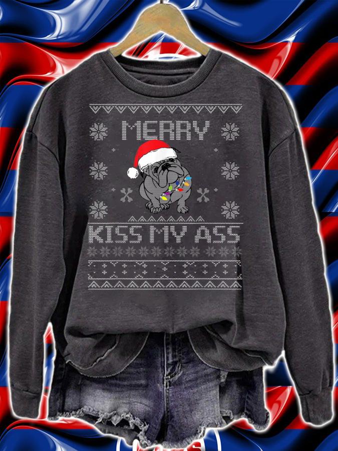 Christmas Bulldog Art Merry Kiss My Ass Funny Santa Hat Ugly t-shirt sweatshirt