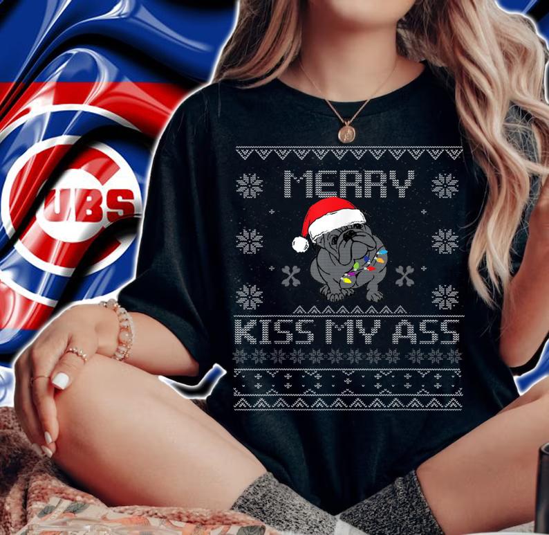 Christmas Bulldog Art Merry Kiss My Ass Funny Santa Hat Ugly t-shirt woman shirt