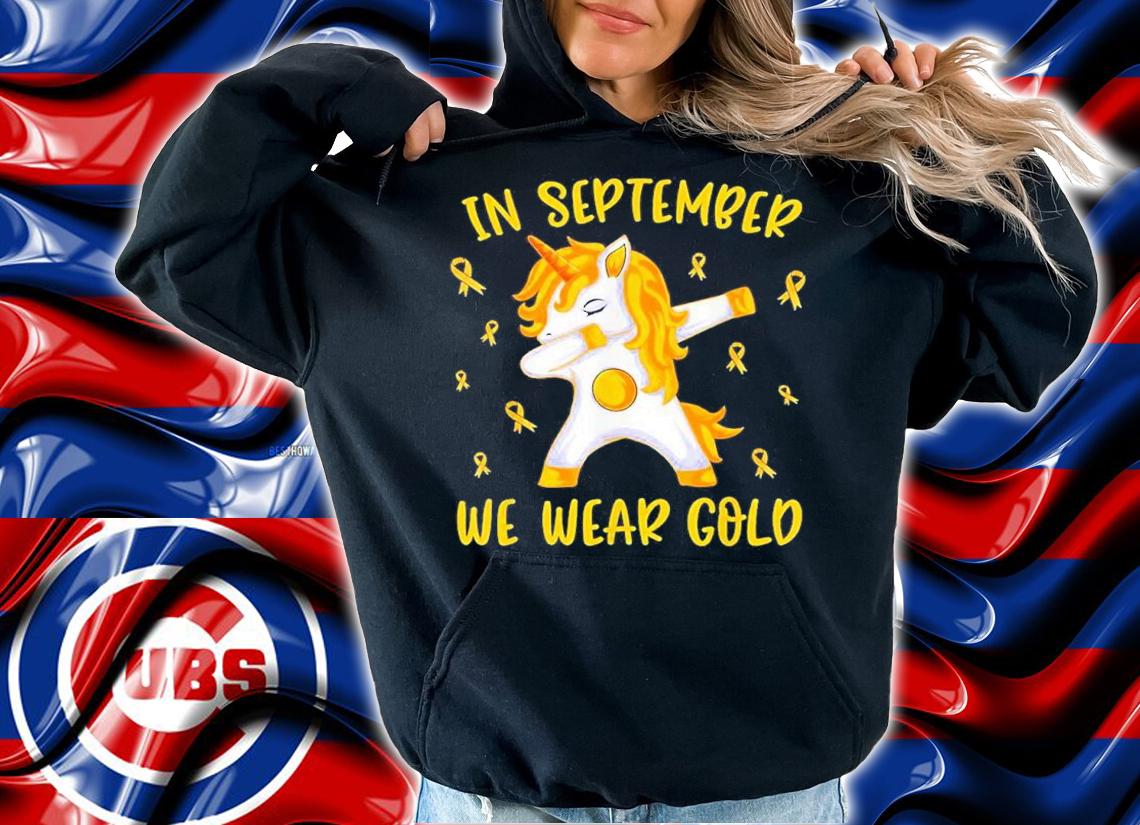Unicorn Dabbing In September We Wear Gold Childhood Cancer Awareness Shirt t-shirt
