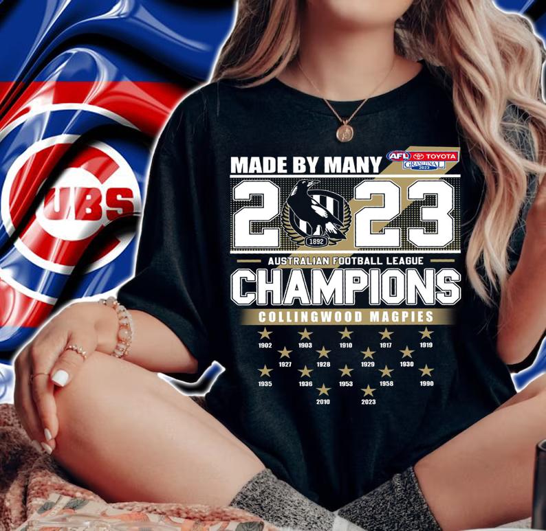 Made By Many 2023 Australian Football League Champions Collingwood Magpies t-shirt woman shirt
