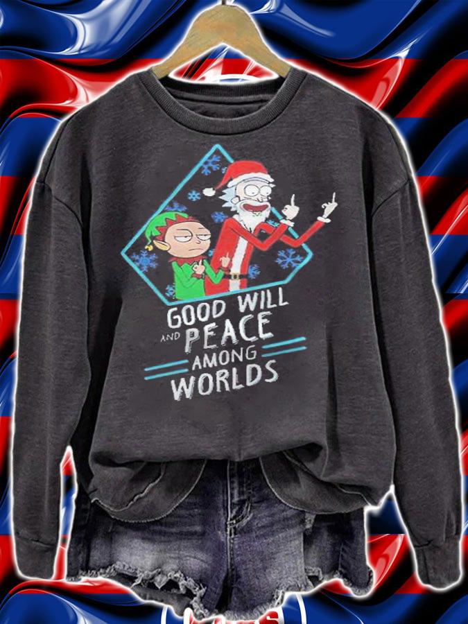 Rick and Morty Christmas Xmas goodwill and peace among worlds T-shirt t-shirt sweatshirt
