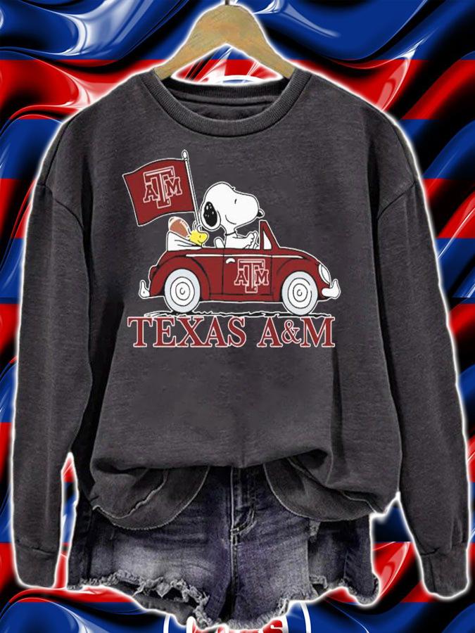 Snoopy And Woodstock Driving Car Texas A&M Aggies Flag t-shirt sweatshirt