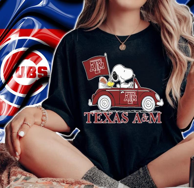 Snoopy And Woodstock Driving Car Texas A&M Aggies Flag t-shirt woman shirt