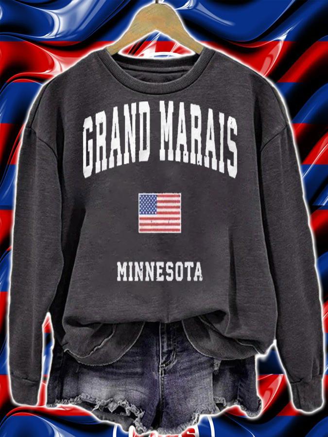 Grand Marais Minnesota Mn Vintage American Flag Sports Pullover Shirt sweatshirt
