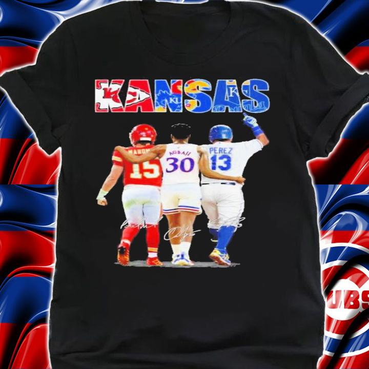 Kansas Patrick Mahomes Ochai Agbaji and Salvador Perez signatures T-shirt shirt