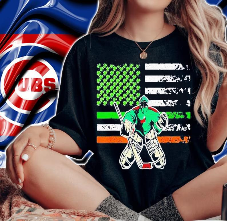 Ice Hockey Goalie Irish American Flag St Patrick's Day T-Shirt woman shirt