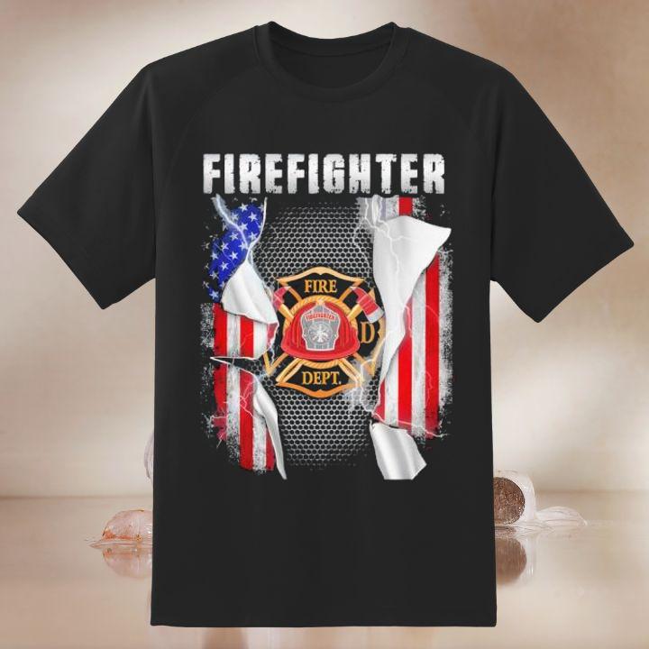 Proud Firefighter Fire Dept Logo USA Flag T-Shirt